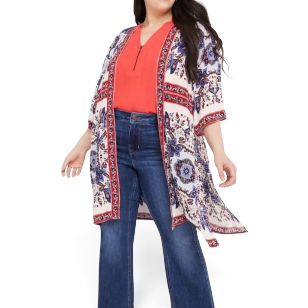 Maurices Womens Boho Paisley Kimono Cardigan Red White Blue L